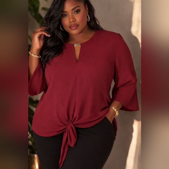 Tops - Knot-Front Keyhole Blouse in Burgundy